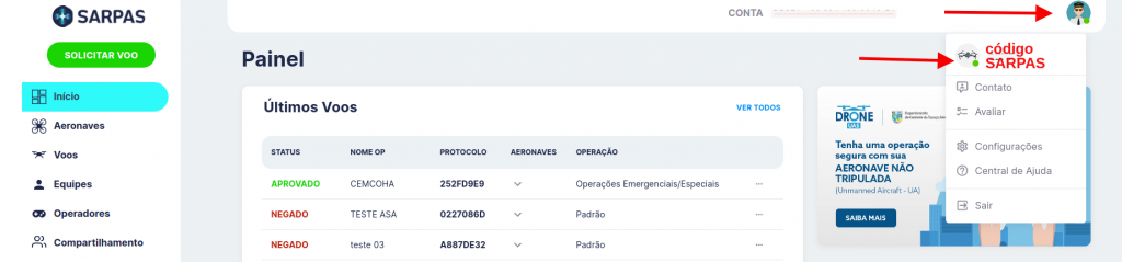 Tela do SARPAS NG mostrando o menu de perfil no canto superior direito e a localização do código SARPAS